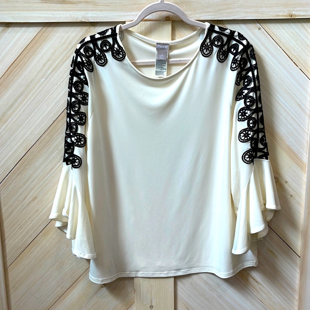 Chico’s Cream Blouse Sz 2 (12/L) with Black Embroidered 3/4 ruffle sleeve